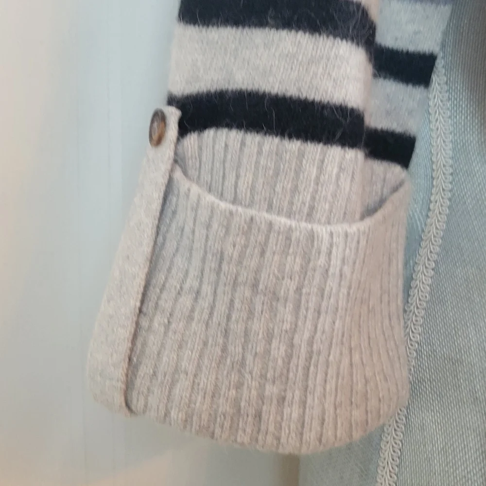 Kenar Woman's Lambs Wool and Angora Sweater Cowl Neck, Grey, Blue Stripe, Medium - Picture 4 of 5